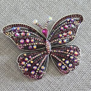 Butterfly Pink Silver Iridescent Crystal Rhinestone Brooch Pin Lapel Scarf